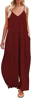 [Generic] Women Deep V Neck - Solid Colors - Long Wide Leg Pantsuit - Casual Tie Solid Color Suspenders Loose Fit Sleeveless Casual Jumpsuit With Pockets - Summer Beach Playsuit V Neckline Sleeveless Jumpsuit
