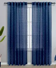 Pair 84" Pom Pom Tufted Sheer Curtain Panels Navy Blue 52x84 Rod, Back Tab #J31