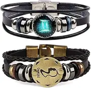 [Dcfywl731] Retro 2pcs 12 Zodiac Constellation Beaded Hand Woven Leather Bracelet Braided Punk Chain Cuff