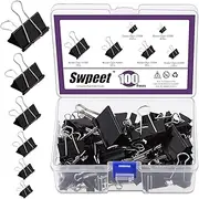 Swpeet 100Pcs Metal Black Binder Clips, Paper Clamps, Fold Back Clips, Paper Clamps Clips 6 Sizes X Large, Large, Medium, Small, X Small and Micro Use for Office, Home, School, Classroom