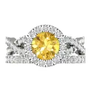 2.40ct Round Cut Halo Yellow Stone Ring Band bridal Set 14k White solid Gold