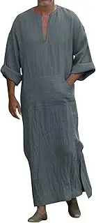 [Generic] Mens Kaftan Thobe Short Sleeve V Neck Linen Robe 2025 Side Split Muslim Long Robe Loose Casual Thobe With Pockets