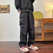 High-Waist Drawstring Straight Leg Cargo Pants Black - S