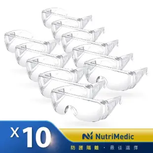 【Nutri Medic】透明防護隔離舒適面罩*10入+全透明隔離護目鏡*10入(防疫防飛沫噴濺風塵防起霧)
