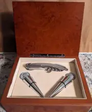 Corkscrew And 2 Golf Ball Tip Toppers In A Wood Case Gift Set