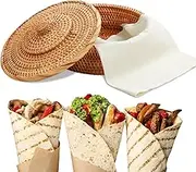 Wenqik 10 Inches Tortilla Warmer 2 Cotton Towel Cloth Handcrafted Rattan Tortilla Holder with Lid Rustic Mexican Basket for Pancake Taco Bread(Classic Style)
