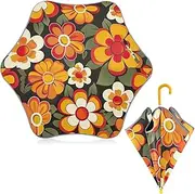 [ODAWA] Kids Umbrella Retro Flower Orange Kids Umbrella Easy Open and Close Windproof Umbrellas with Easy-Grip Hook Handle