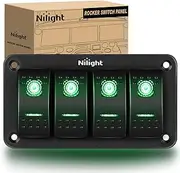 Nilight 4 Gang Rocker Switch Panel 5Pin On Off Toggle Switch Aluminum Holder 12V 24V Dash Pre-Wired Green Backlit Switches for Automotive Cars Marine Boats RVs Truck