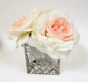 ARTIFICIAL WHITE,PINK SILK FLOWERS-REAL TO TOUCH+3D CHECKER CRYSTAL GLASS VASE