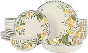 [Bloomhouse] Oprah's Favorite Things - Posy Blossom Double Bowl Hand Painted Stoneware Plates and Bowls Floral Dinnerware Set, Service for Four (16pcs)