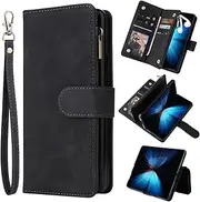 [ZZXX] for Samsung Galaxy Z Fold 4 Case Wallet with [RFID Blocking] Card Slot Soft PU Leather Zipper Flip Folio with Wrist Strap Protective Cover for Galaxy Z Fold 4 Wallet Case(Black-7.6 inch)