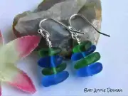 Green & Blue Sea Glass Pebble Earrings Silver Plated Usa Handmade