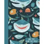 WIDE STAFF BLANK SHEET MUSIC: EXTRA LARGE STAVES MANUSCRIPT PAPER NOTEBOOK - HAPPY OCEAN SMILING SHARK PATTERN COVER DESIGN IN BLUE