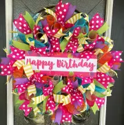 Happy Birthday Pink Polka Dot Deco Mesh Wreath Home Decor Pool Party Decoration