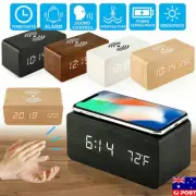 Modern Wooden Wood Digital LED Desk Alarm Clock Thermometer Qi Wireless Charger