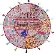 Pink Color Patchwork Cotton Boho Chic Bohemian Hand Embroidered Round Floor Pillows & Cushion Cover Seating Pouf Ottoman
