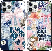 Phoona 2 Pack Cute Bow Case for iPhone 11 Pro 5.8", European Collage Preppy Summer Girly Design Pattern for Girls Women, Slim Soft Silicone Shockproof Bumper Protector Cover, Blue 01