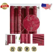 84-Inch Light Filtering Faux Silk Grommet Curtains with Burgundy Floral Design