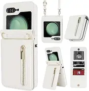 [XIMAND] for Samsung Galaxy Z Flip 6 Luxury Zipper Wallet Phone Case, Multi-Function Kickstand Card Holder Adjustable Crossbody Strap, Fashion Flip Case.(White)