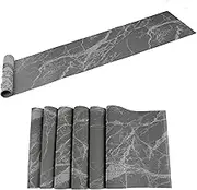 Karlesi Table Runner and Placemats Set of 6,Washable Easy Clean PVC Heat Resistant Marbling Painting Art Table Decor for Daily Use(Black)
