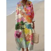 Women's Midi Dress Sundress A Line Dress Vacation Casual Boho Party Going out Beach Floral Graphic Abstract Long Sleeve V Neck Ash White Yellow Pink Summer Spr