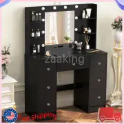 Dressing Table Set Makeup Mirror Desk LED 10 Bulbs Black with 7 Drawers