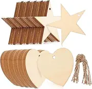 KALLORY 100Pcs Decorative Wooden Tags Smooth Finish Blank Wood Labels Heart and Star Shapes Multi Use Crafting Tags for Decor and DIY Projects