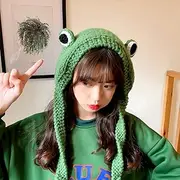 [CHENJIE] Frog Hat Crochet Knitted Hat Outdoors Autumn Big Eye Frog Knitted Winter Cute Ear Protective Beanie Hats Knitted Caps