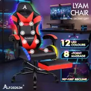 ALFORDSON Gaming Chair Office Massage 12 RGB LED Computer Seat PU Leather Red