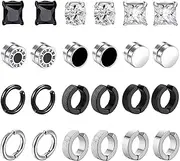 [VELESAY] 12 Pairs Stainless Steel Magnetic Stud Earrings for Men Women Hoop Earrings Magnetic Non-Penetrating Clip Magnetic Stud Earrings Clip Non Piercing Earrings Set Black Silver