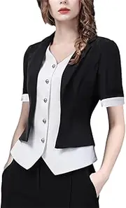 [Generic] Women 2025 Fake Two Pieces Design Long Sleeve Shirt Slim Color Blocking Work Casual Blouses