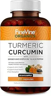 Turmeric Curcumin with BioPerine Black Pepper and Ginger - Made in USA - 120 Vegetarian Capsules for Advanced Absorption, Cardiovascular Health, Joints Support and Anti Aging Supplement (120 Capsules)