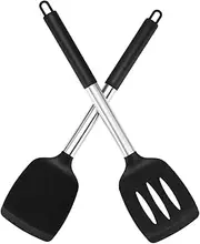 Pack of 2 Silicone Solid Turner Spatulas, Heat Resistant & Non-Slip Handle, Easy to Clean, Non-Stick Kitchen Utensils for Frying Pan, Fish, Eggs, Pancakes - BPA Free & Food-Grade Safe (Black)