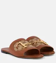 [Gucci] Gucci Horsebit GG canvas-trimmed leather slides AU 7 brown