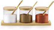 PENGQIMM Condiment Container Seasoning Box Set,300ml/10oz,Pack of 3 Glass Condiment Canisters Pots, Condiment Jars with Bamboo Lids,Base and Spoons , Spice Containers for Sugar, Salt, Pepper