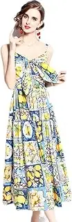 [XDJchs] European and American Lemon Blue and White Porcelain Printed Bow Waist Show Thin Halter Dress