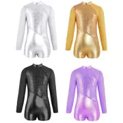 Girls One-Piece Sequins Long Sleeve Gymnastics Leotards Dance Jumpsuit Unitards