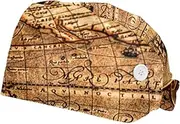 [FVQL] Scrub Caps Women, 2 Pieces Nurse Cap Bouffant Caps with Sweatband, Vintage Ancient Map