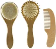 TOVINANNA Newborn Hair Brush Comb Set 3pcs Wooden Hair Brush Comb Natural Wool Gentle Scalp Care for Cradle Cap
