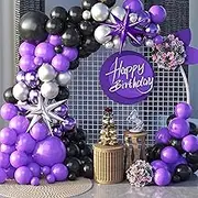 Purple and Black Balloon Garland Arch Kit, Black Purple Silver Balloon Arch Kit with 2PCS 4D Foil Starburst 18/12/10/5 inch Latex Balloons for Halloween Birthday Graduation Themed Party Decorations