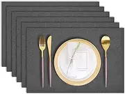 Cloth Placemats Set of 6, Cotton Linen Blend Machine Washable Durable Linen Table Mats, Heat Resistant Placemats Wrinkle Free Place Mats for Dining Table, Easy to Clean (Dark Grey, 6)