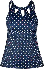 [Septangle] Women's Halter High Neck Tankini Top Key Hole Bathing Suit, Blue & Color Polka Dot, 28
