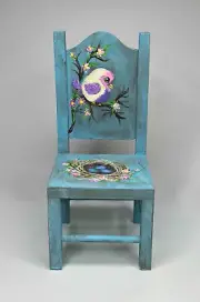 Handpainted Blue Doll Chair Furniture Pink Purple Bird Nest With Eggs 10"