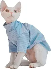 Sphynx Cats Warm Fleece Shirt Cat Turtleneck Undershirt Thermal Hairless Cat Clothes for Sphynx, Devon, Cornish Cat Clothes and Small Kitten and Dogs (Blue Pinstripe, Large)