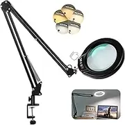 VEEMAGNI 5 Inch Large Magnifying Glass with Light and Stand, 5 Color Modes Stepless Dimmable, 2*16 Inch Swivel Arm LED Clamp Desk Lamp, Hands Free 8X Lighted Magnifier for Close Work Crafts Soldering
