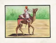 Rajasthani Painting Of A Man Riding On Camel Fine Art On Silk Cloth 9x7 Inches