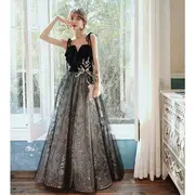 Spaghetti-Strap Sequin Midi A-Line Evening Gown Black - L