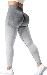 [VOYJOY] Women's Scrunch Butt Lifting Seamless Yoga Leggings High Waist Booty Workout Gym Pants Tummy Control Vital Runched Booty Compression Tights White Grey L, Grey