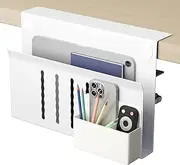 Desk Side Storage,Under Desk Laptop Holder Organiser, No Drill Cable Management Tray with Pen Storage for Office and Home, Under Steel Hanging Storage Tray (White)