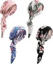 4 Pieces Chemo Headwear for Women Cancer Hats Pre Tied Chemo Caps Soft Cotton Elastic Head Scarf for Cancer Patients